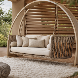 Balancelle de jardin design WABI en corde tressée avec canapé suspendu sur terrasse luxueuse