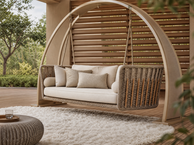 Balancelle de jardin design WABI en corde tressée avec canapé suspendu sur terrasse luxueuse
