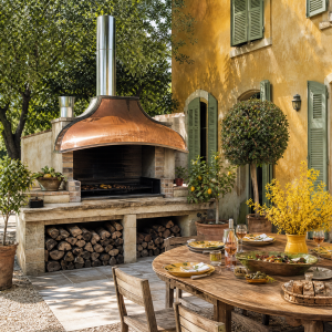 Barbecue extérieur Palazzetti avec hotte cuivre dans cour méditerranéenne