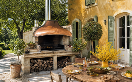 Barbecue extérieur Palazzetti avec hotte cuivre dans cour méditerranéenne