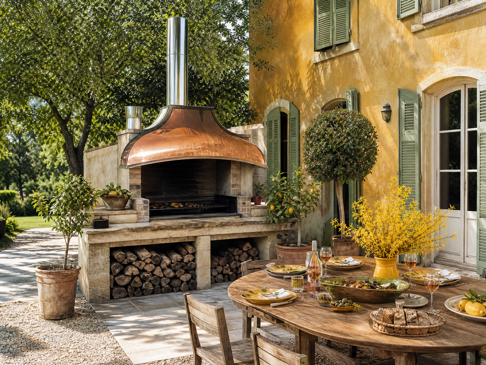 Barbecue extérieur Palazzetti avec hotte cuivre dans cour méditerranéenne