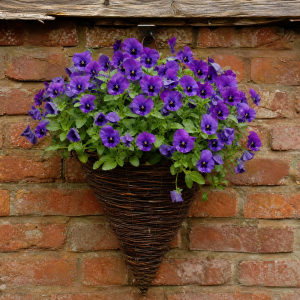 Panier tressé conique suspendu rempli de pensées violettes, accroché sur un vieux mur en briques rouges