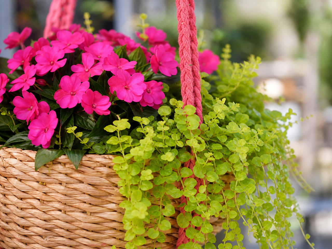 brico-jardin-pot-fleurs-panier-corde-fleurs-impatiente brico jardin