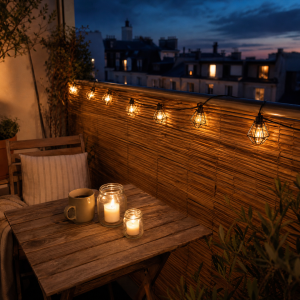 Terrasse de balcon au crépuscule avec brise-vue en bambou DIY, table en bois et lanternes