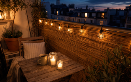 Terrasse de balcon au crépuscule avec brise-vue en bambou DIY, table en bois et lanternes