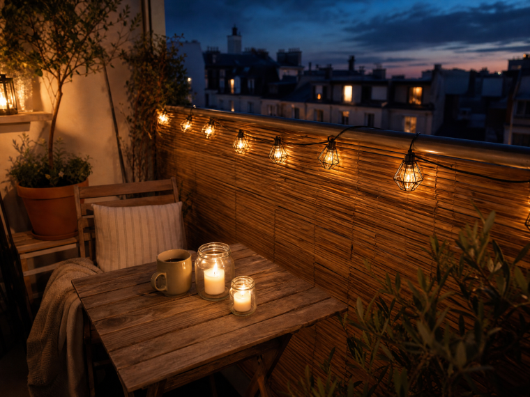 Terrasse de balcon au crépuscule avec brise-vue en bambou DIY, table en bois et lanternes