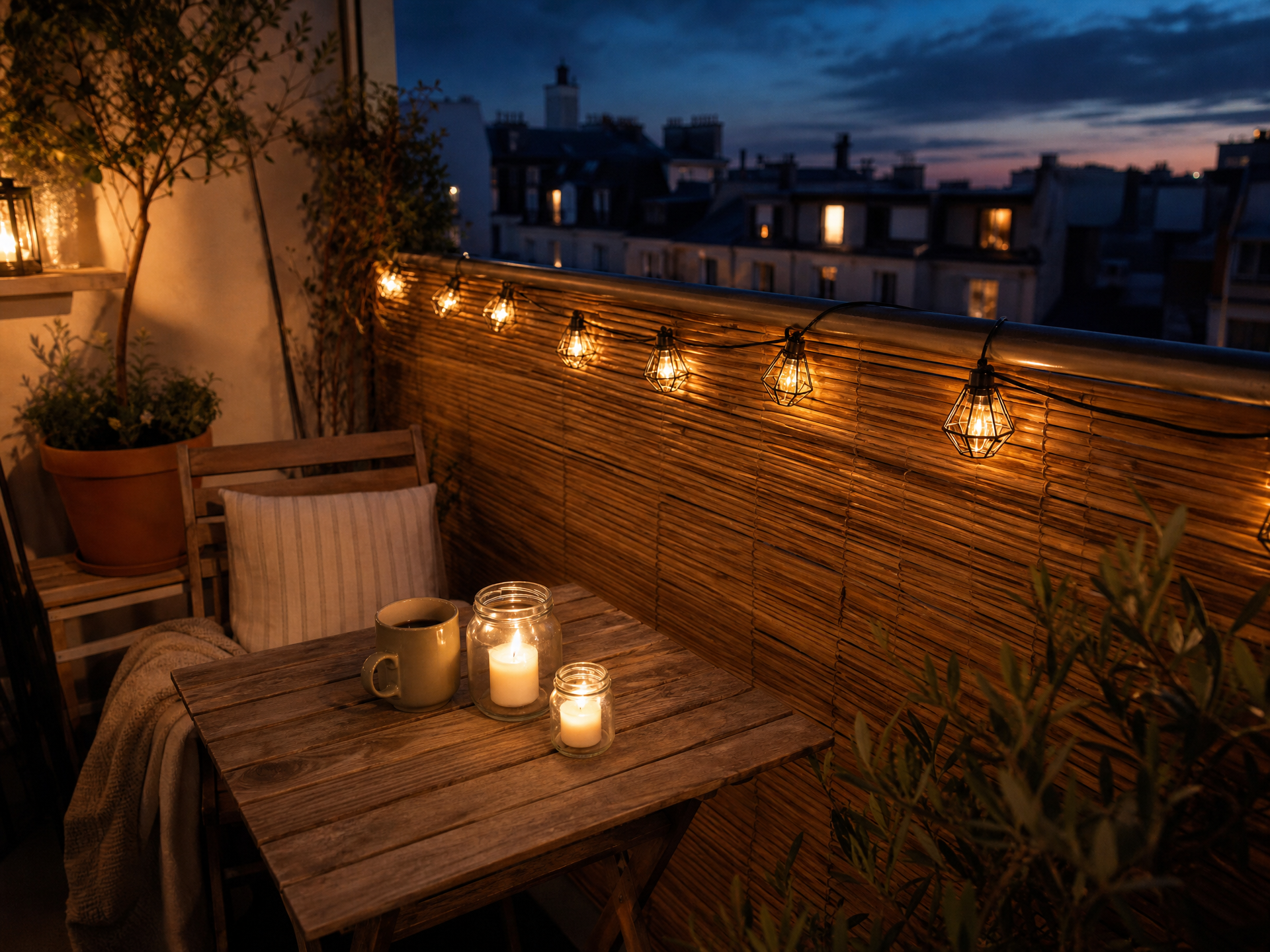 Terrasse de balcon au crépuscule avec brise-vue en bambou DIY, table en bois et lanternes