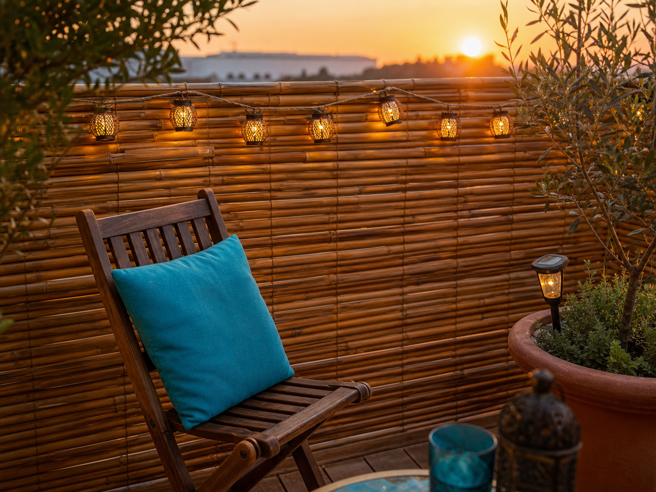 brise-vue-balcon-bambou-lanternes-chaise-bois