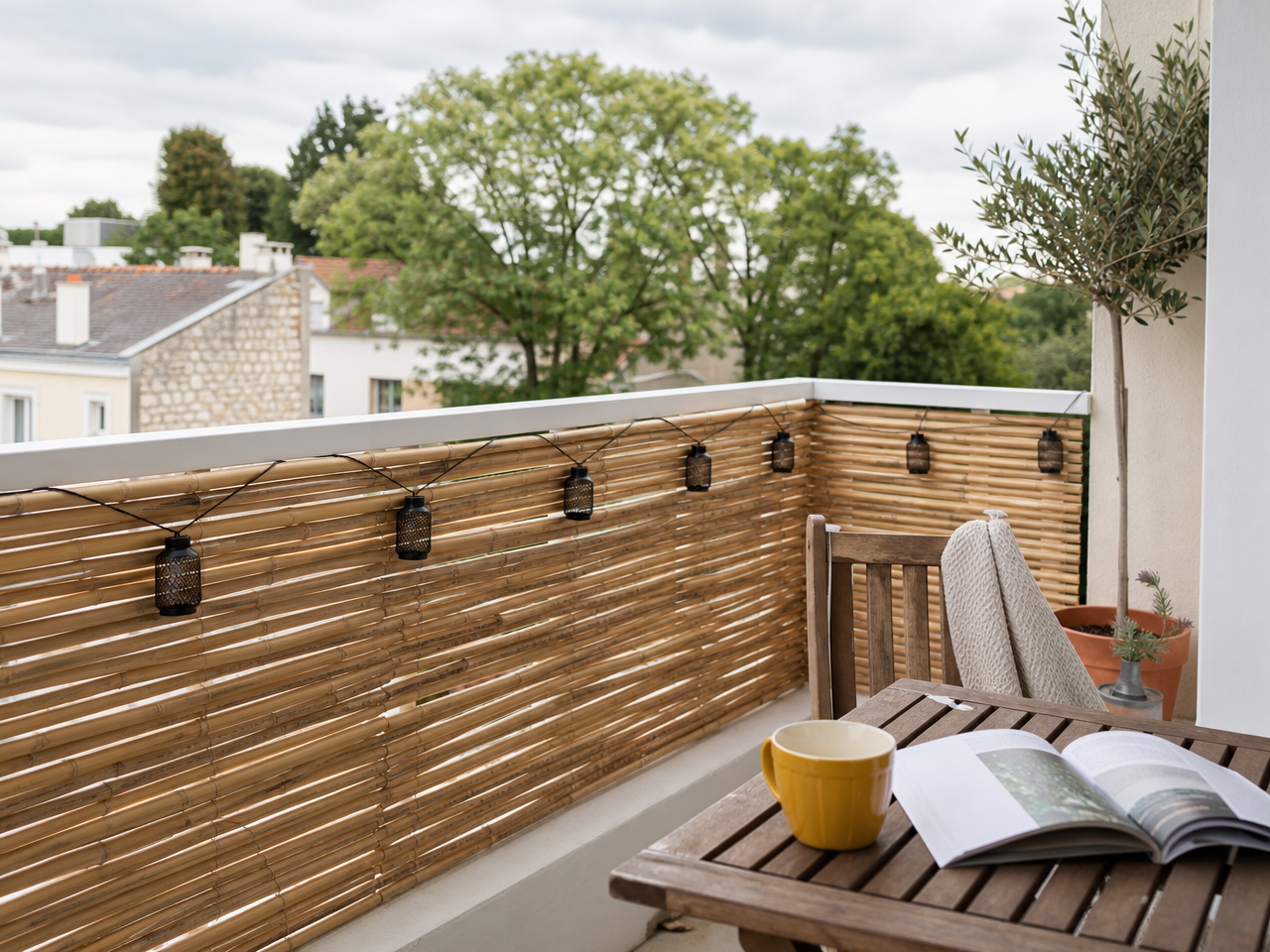 brise-vue-balcon-bambou-store-lanternes-guirlandes-chaise-pliable-bois