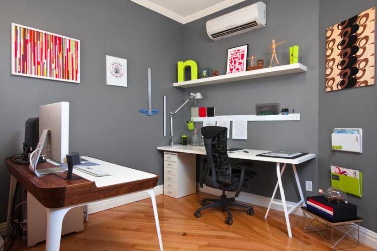 bureau à domicile moderne murs gris accents vert anis