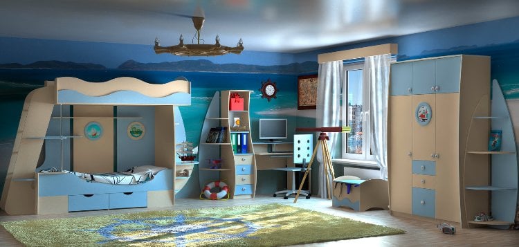chambre-enfant-déco-thème-marin-lit-bois-dressing-plafond