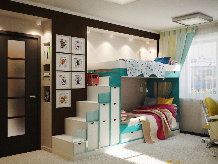 chambre-enfant-lit-mezzanine-rangements-intégrés-cadres-décoratifs