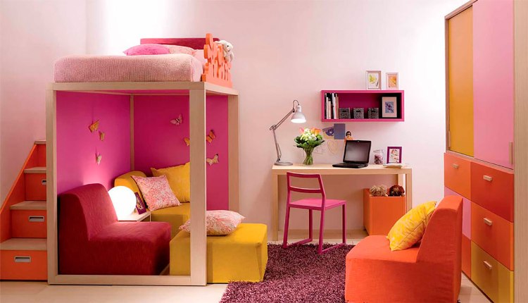 chambre-enfant-peinture-rose-lir-superposé-rose-fauteuils-orange