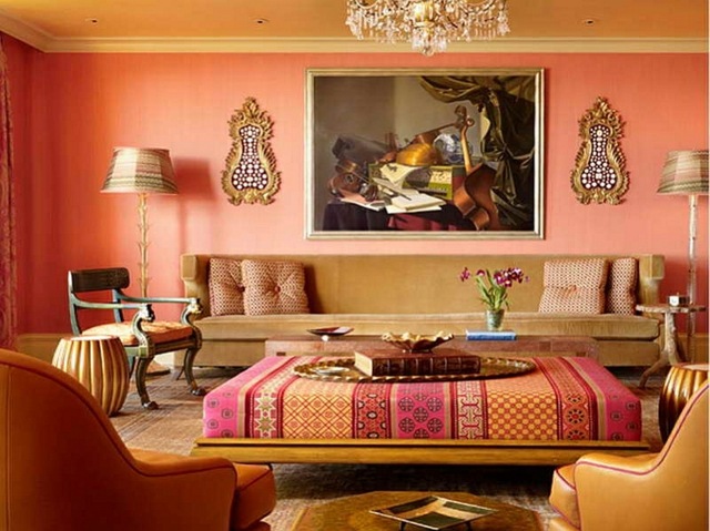 décoration salon marocain murs orangé rouge pastel motifs