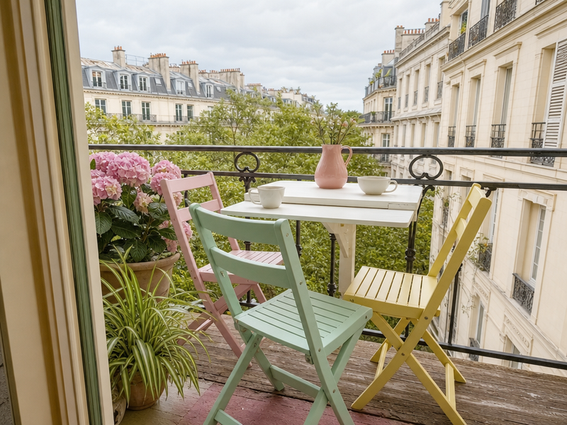 table rabattable -bois-peinte-blanc-chaises-rose-jaune