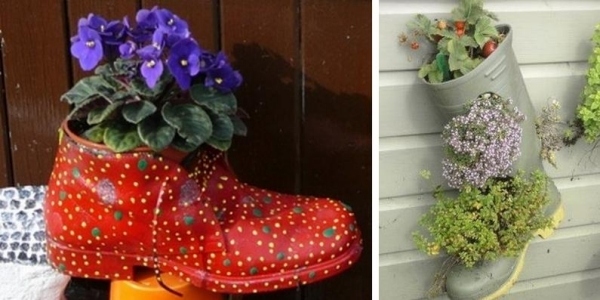 idée-jardin-pot-chaussures-bottes-pluie-violettes