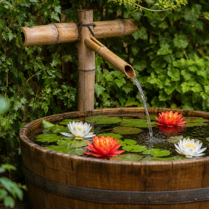 Fontaine de jardin en bambou dans un tonneau en bois avec nénuphars et lierre, idée déco zen