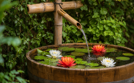 Fontaine de jardin en bambou dans un tonneau en bois avec nénuphars et lierre, idée déco zen