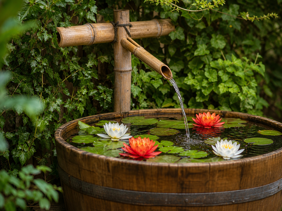Fontaine de jardin en bambou dans un tonneau en bois avec nénuphars et lierre, idée déco zen