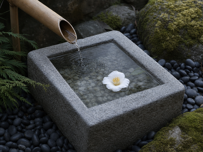 idée-déco-jardin-fontaine-bambou-bec-forme-carree-fleur