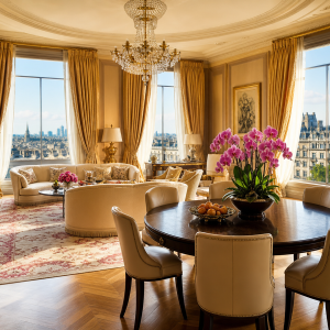 Grand salon de style anglais avec rideaux en soie dorée, canapés crème et lustre en cristal