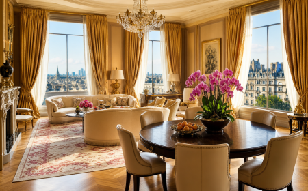Grand salon de style anglais avec rideaux en soie dorée, canapés crème et lustre en cristal