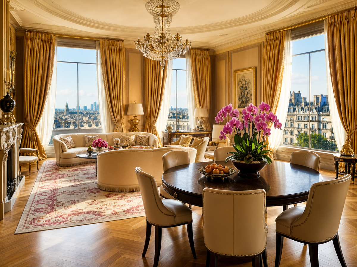 Grand salon de style anglais avec rideaux en soie dorée, canapés crème et lustre en cristal