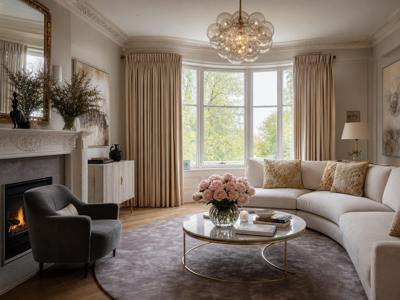 idee-deco-salon-style-anglais-rideaux-canapé-beige-fleurs idée déco salon