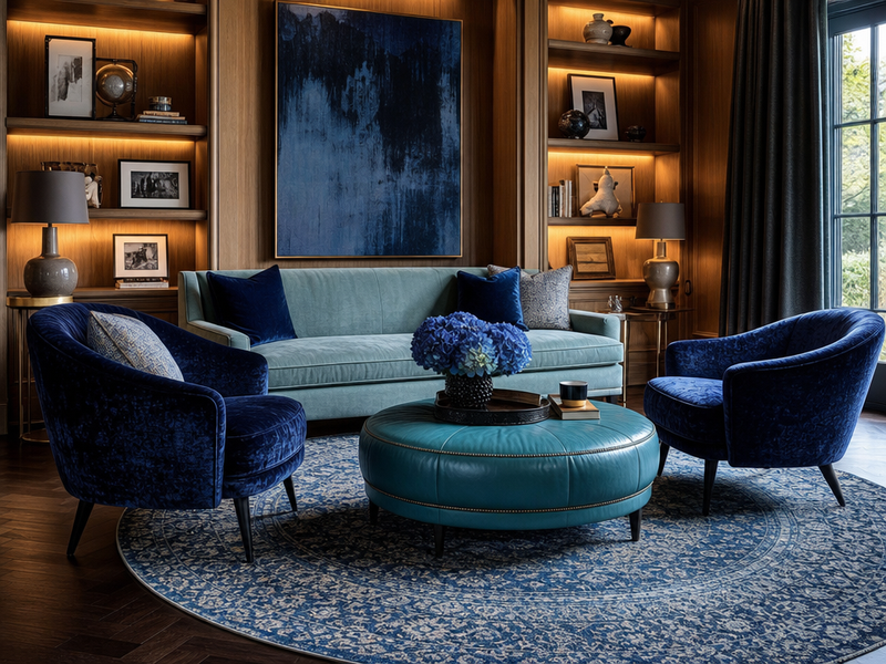 idee-deco-salon-style-anglais-tapis-bleu-rond-coussins idée déco salon