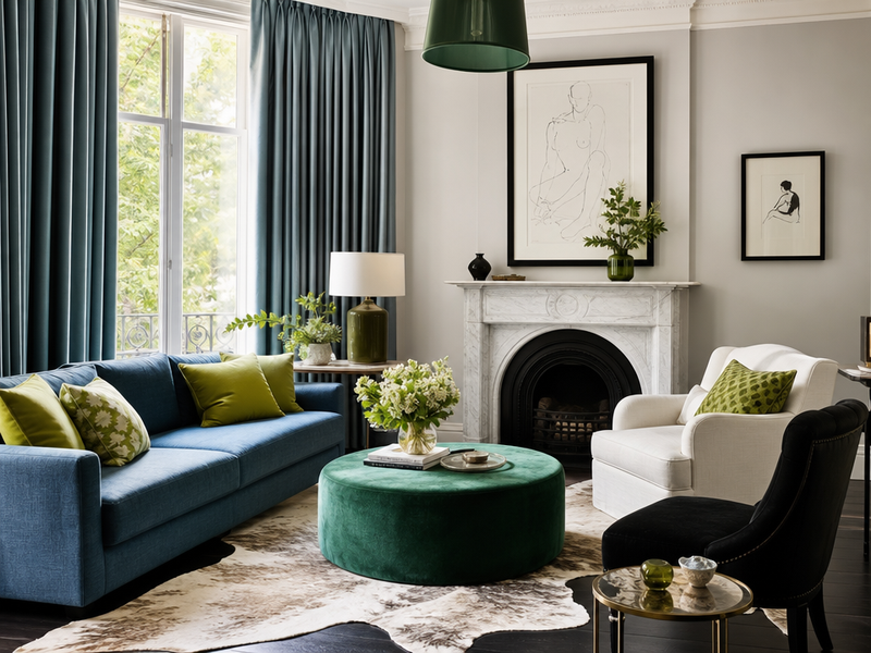 idee-deco-salon-style-anglais-canapé-rideaux-bleus-tapis