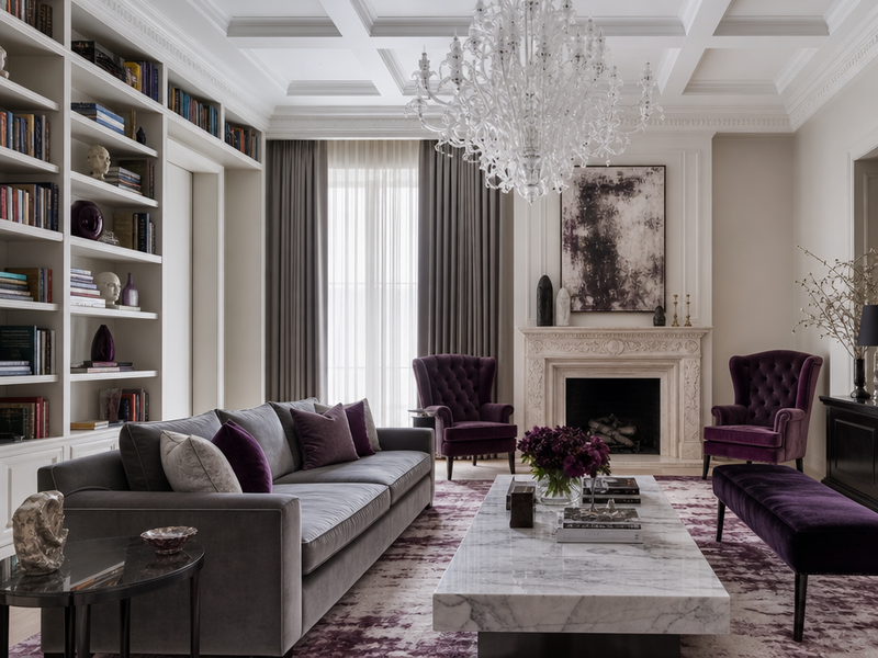 idée déco salon -style anglais-canape-gris-table-basse-marbre-blanc-fauteuils-pourpres