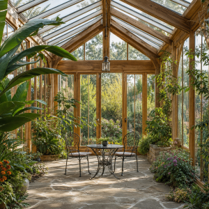 Véranda en bois et verre avec plantes tropicales et coin salon