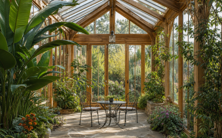 Véranda en bois et verre avec plantes tropicales et coin salon