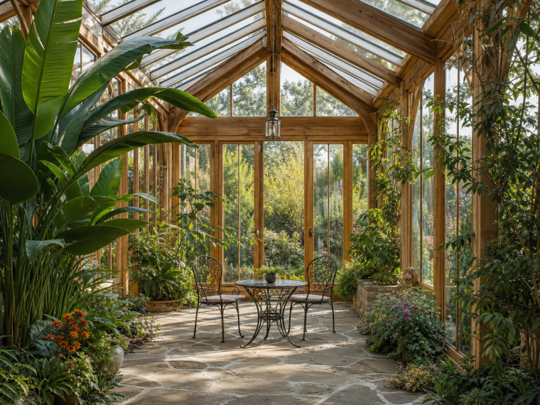 Véranda en bois et verre avec plantes tropicales et coin salon