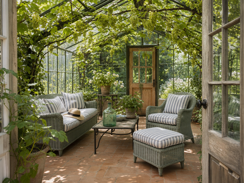 idées-déco-veranda-fauteuils-canapes-plantes-grimpantes-table