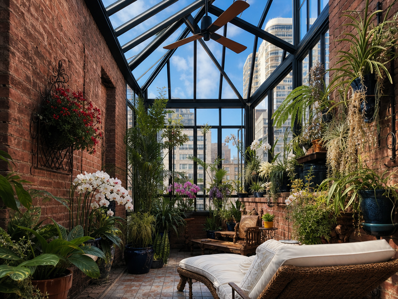 idées déco veranda-plantes-plafond-vitre