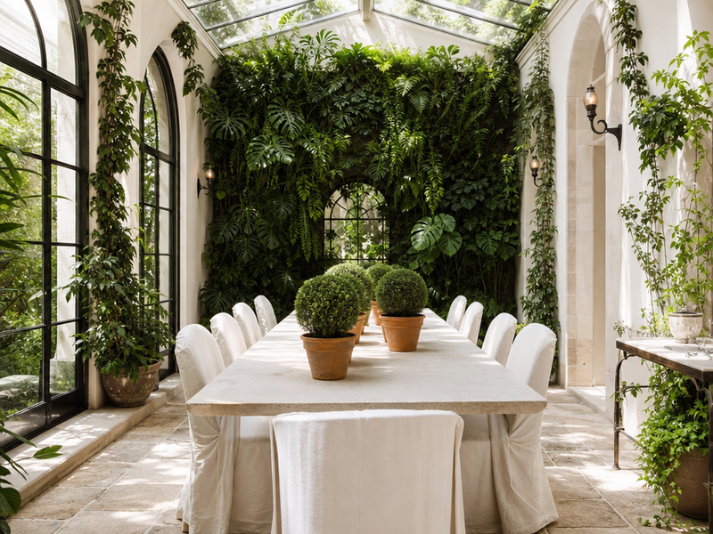 idées-déco-veranda-plantes-table-rectangulaire-chaises