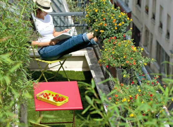 idée-deco-table-rouge-chaise-pliable-plantes-hiver