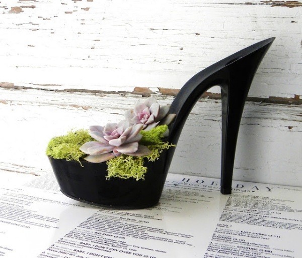 idée-jardin-pot-chaussures-talon-noires-succulentes
