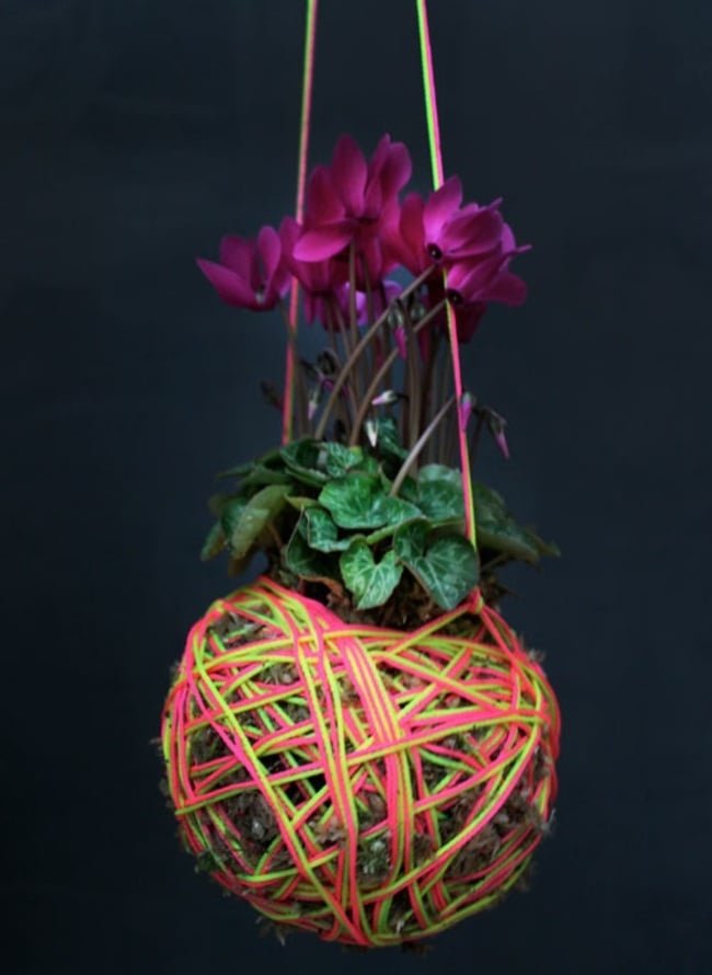 jardin-suspendu-pots-fleurs-mousse-ficelles-multicolores