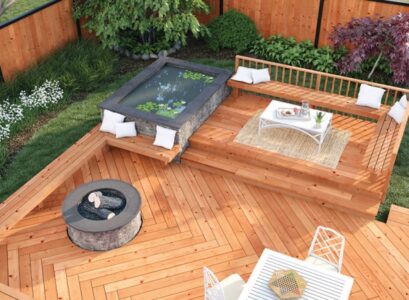 lames de terrasse en bois clair motif chevrons-bancs