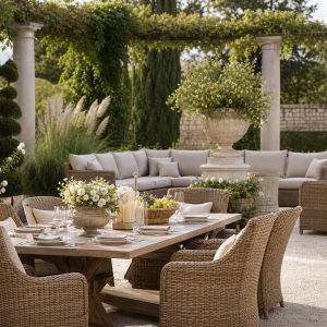 Salon de jardin en résine tressée avec coin repas et canapé angle dans jardin paysager