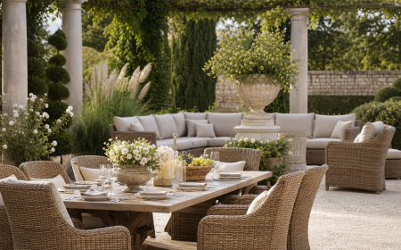 Salon de jardin en résine tressée avec coin repas et canapé angle dans jardin paysager