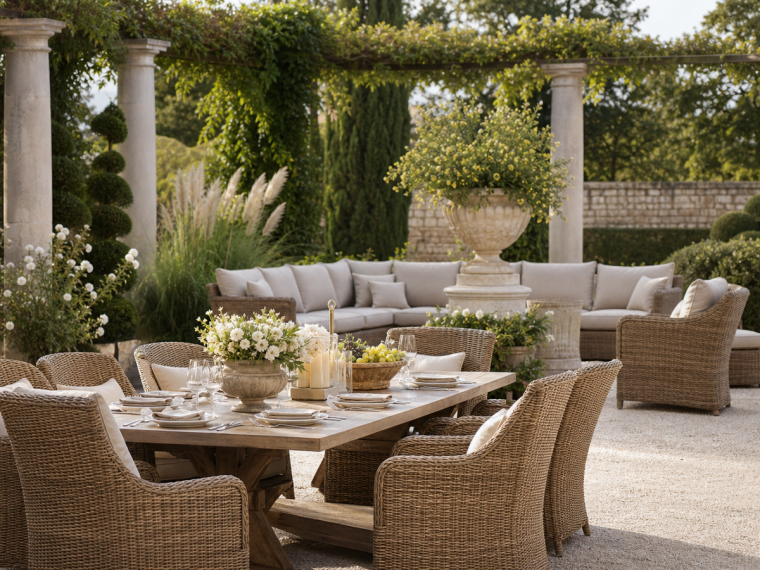 Salon de jardin en résine tressée avec coin repas et canapé angle dans jardin paysager