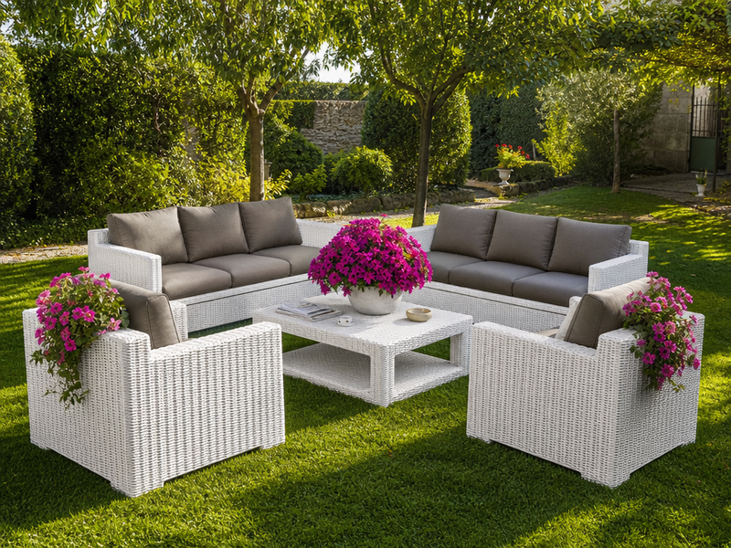 meubles-jardin-résine-tressée-canapés-droits-fleurs-roses