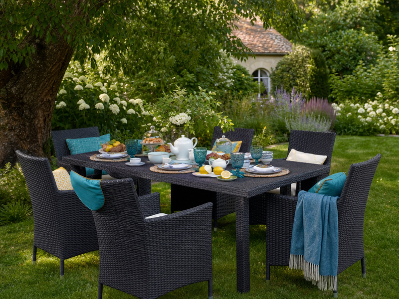 meubles-jardin-résine-tressée-table-rectangulaire-coussins-bleus