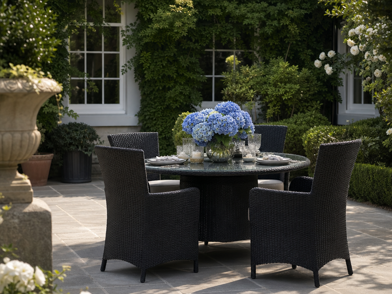 meubles-jardin-résine-tressée-table-ronde-chaises-assorties-fleurs