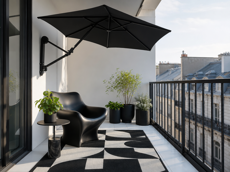 parasol-balcon-noir-blanc-chaise-longue parasol de balcon