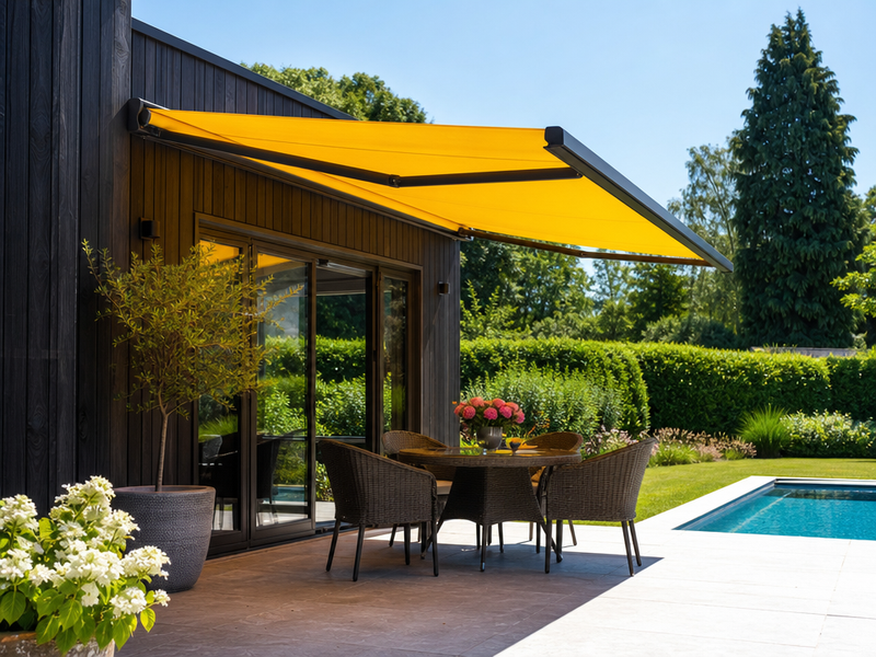 terrasse-parasol-jaune-fixé-mur-mobilier-rotin parasol de balcon