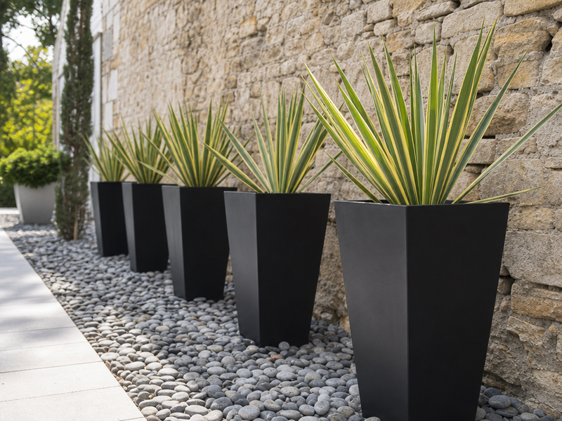 grand pot à fleur extérieur conique-carré-noir-yucca